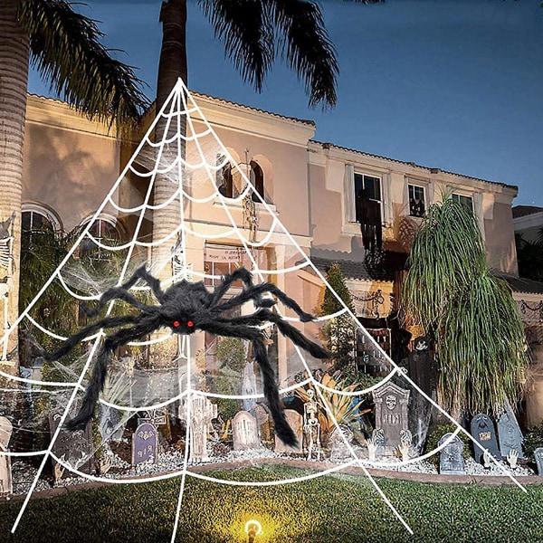 Halloween-dekorationer -16ft/5m Kæmpe-trekant-edderkoppespind og falske behårede edderkoppe-rekvisitter Halloween Skræmmende edderkop-dekor til gårdfester
