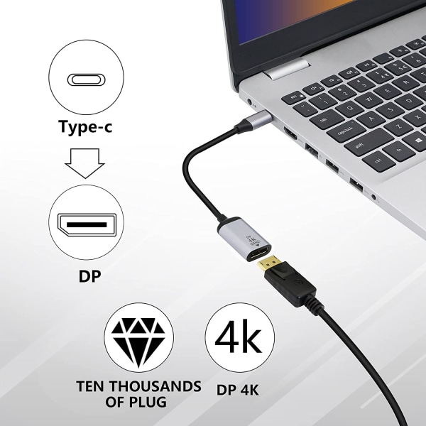 Typ C till Displayport Adapter, 4K@60Hz USB C Hane till DP Hon HD Converter Kabel för TV, bildskärm, projektor, etc
