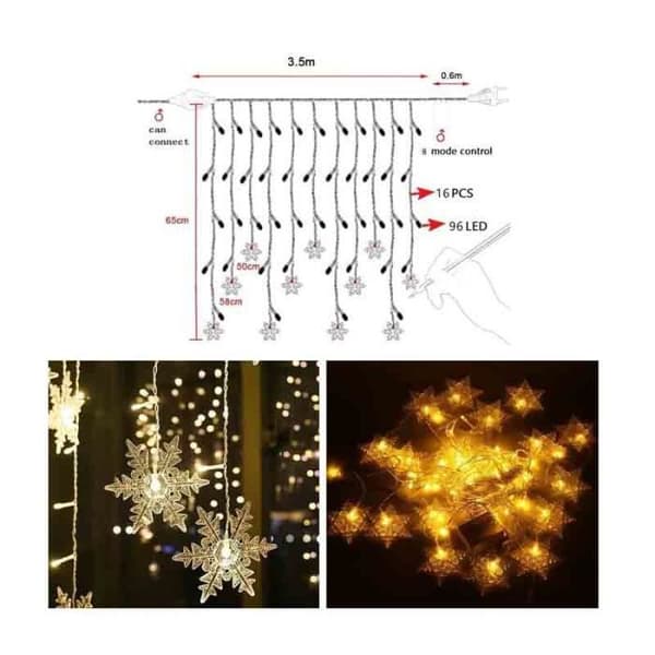 Lyslenker, Lyskjede, 3,5m 96 LED Julelys Snøfnugg 8 Lysmoduser, Vindusdekorasjon