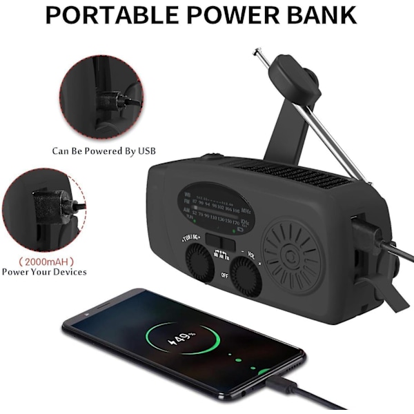 Opptrekkbar nødradio, bærbar håndsveiv solradio med AM/FM med 2000 mAh oppladbar powerbank, SOS-alarm, LED-lommelykt dynamo-radio, USB Mobil