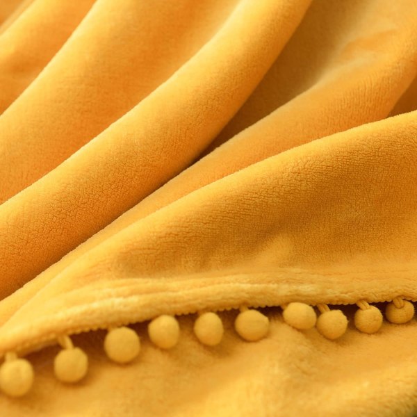 Flanell-teppe - mykt koselig varmt teppe med Pompom-frynser til sofaseng Sofastol, 100x150 cm, (gul)