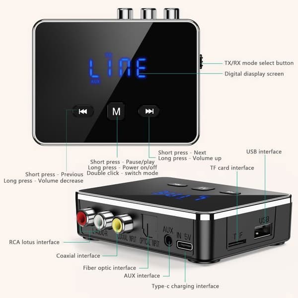 Bluetooth lydadapter - 2-i-1 (sender/mottaker) - Bluetooth 5.4 - 10m rekkevidde - 200mAh batteri