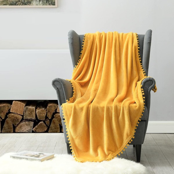 Flanelliheittopeitto - Pehmeä Kotoisa Lämmin Peitto Pompom-hapsulla sohvatuoliin, 100x150 cm, (keltainen)