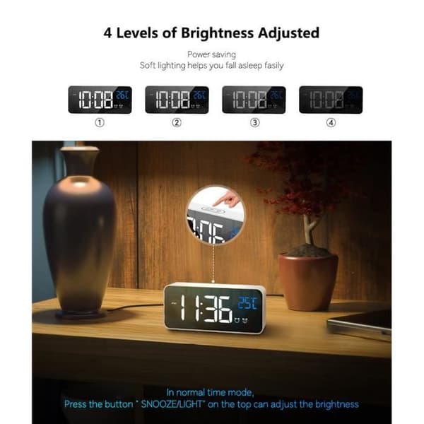 Multifunksjonell LED-vekkerklokke - 13 ringetoner - Dobbel alarm - USB-lading
