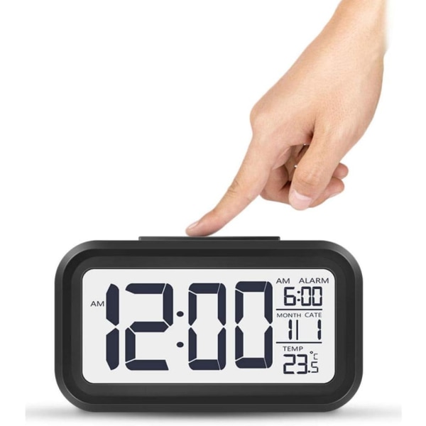 1st digital väckarklocka, tyst lysande klocka med datum, temperatur, tid, snoozesensor (svart)