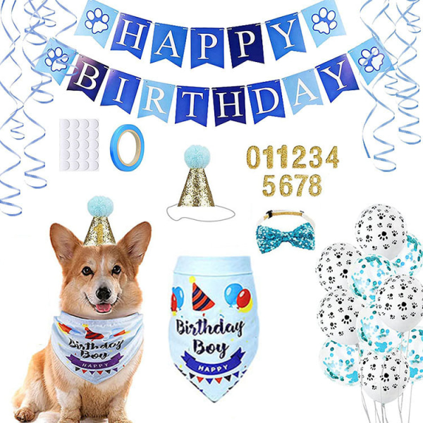 Hund Födelsedagsbandana, Scarf Hat Banner Set för Hund Cat Pet Födelsedagsdekoration, blå