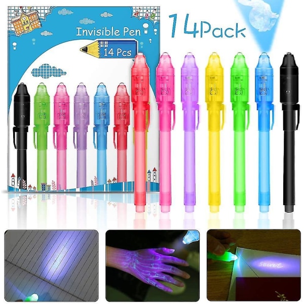 [14 kpl:n pakkaus] Salainen kynä UV-valolla, uudelleenkäytettävä näkymätön kirjoitus valon läpi UV-kynä Lahjat Lasten lahjat Lasten syntymäpäiväjuhlien suosikit