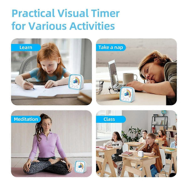60-Minutters Visuel Timer med Natlys, Nedtællingstimer, Pomodoro Timer med Regnbue Mønster til Børn og Voksne Blå