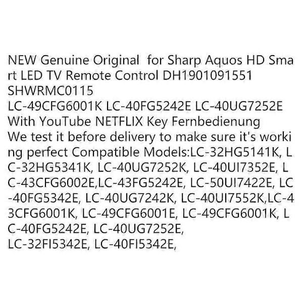 Fjernkontroll for Sharp Aquos Smart TV med YouTube NETFLIX-knapp 1 stk. TV-fjernkontroll for Sharp Aquos SHWRMC0115/DH1901091551