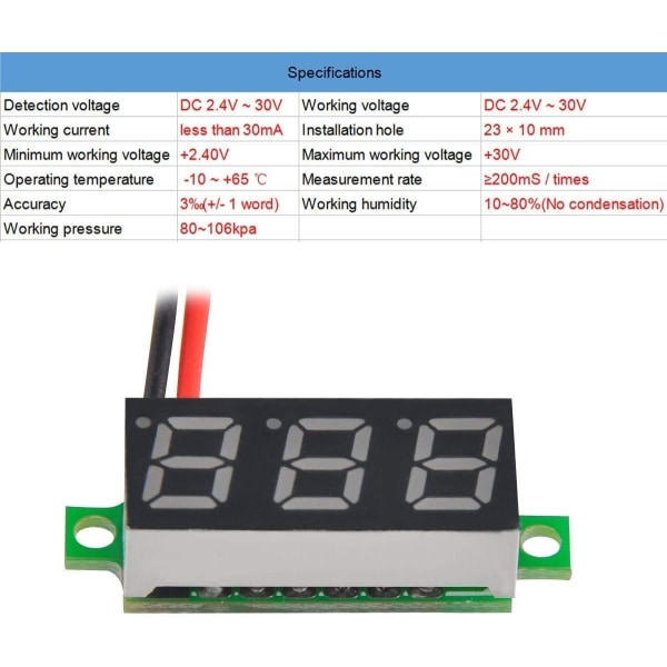 5-paks digitalt likestrømsvoltmeter 0,28 tommer to ledninger 2,5V-30V (rød)