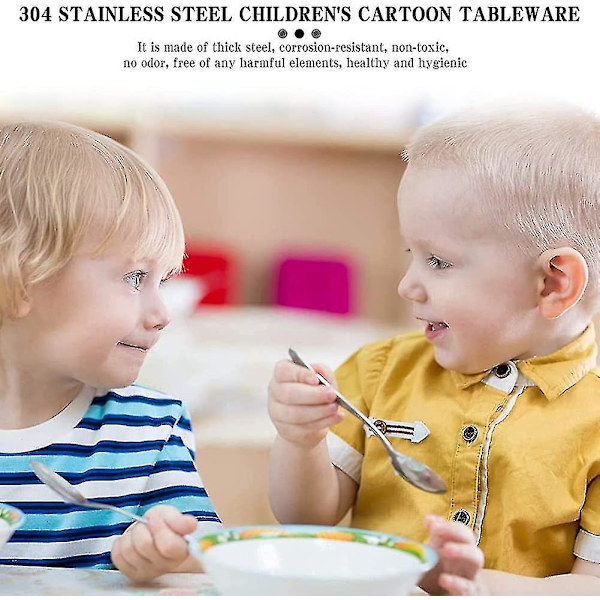 Rustfrit stål børnebestik - 6 dele - 3 gafler og skeer - sød bjørn