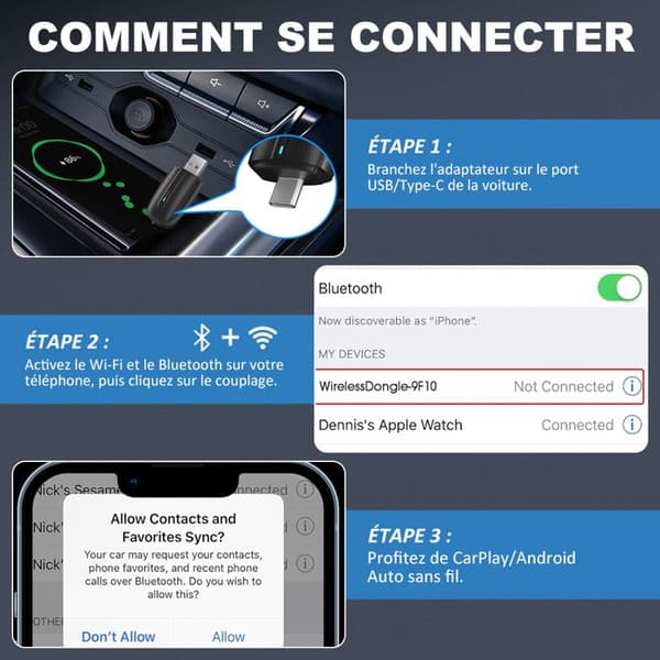 Trådløs CarPlay-adapter til Apple CarPlay og Android Auto - 2-i-1 Bluetooth Car Play Dongle Konverterer kablet til trådløst
