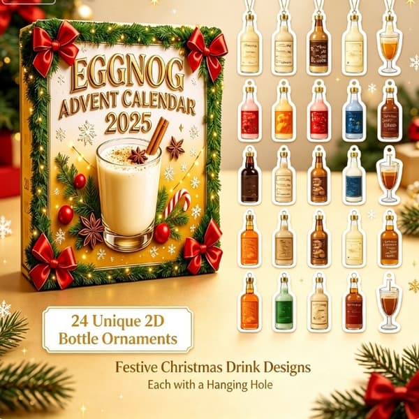 Eggnog Julekalender 2026, 24-dagers nedtelling til jul med 2D flate flaskehengende ornamenter