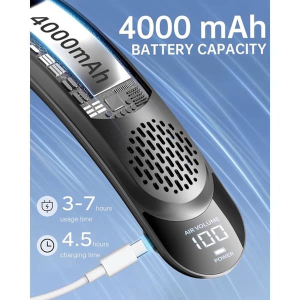 Halsventilator - LED-display - 3 hastigheder - 4000 mAh batteri