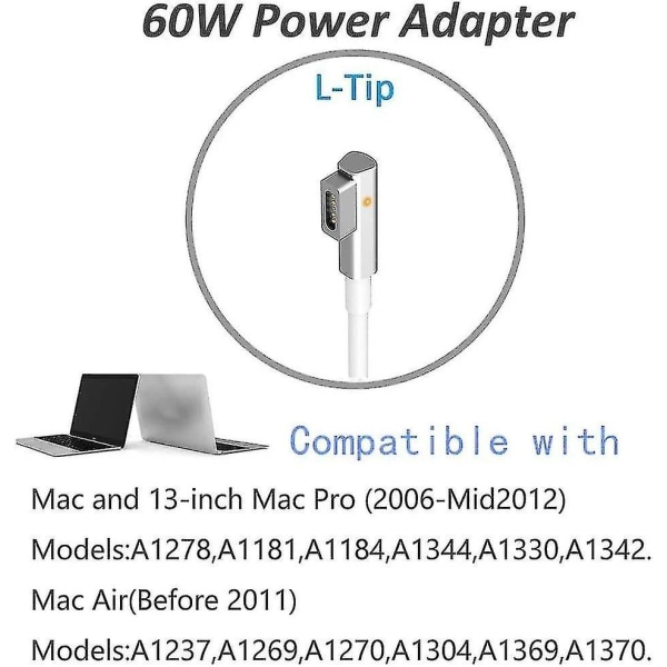 60w Mac Book Pro-lader - Erstatning 60w L-tip Mac-lader Gammel Mac Book-lader, Universal strømadapter L-type kompatibel med Mac Book Pro 13 tommer