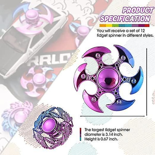 12 stk. metal-look fidget spinner, stressreduktion og angstlindring håndspinner, festgave til børn