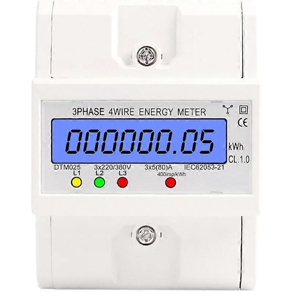 4-trådet trefaset energimåler 220/380V 5-80A Energiforbrug kWh-måler DIN-skinneinstallation Digital el-måler med baggrundsbelyst LCD-display,W