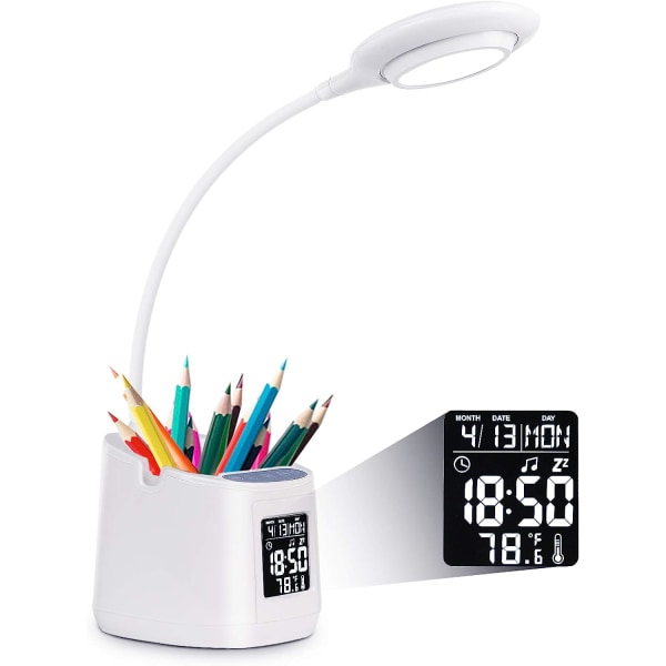 LED-bordslampa för hemmakontor, klockljus, bordslampa med pennhållare och telefonhållare