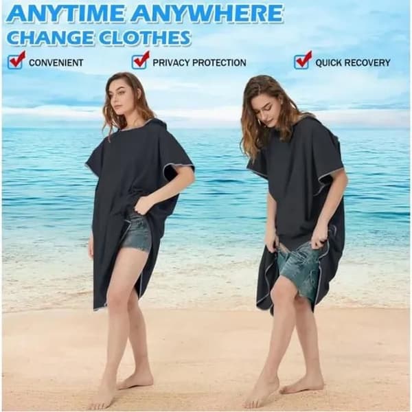 Badehåndklæde i mikrofiber med hætte, surfponcho, hurtigtørrende og let badehåndklæde til mænd, sort