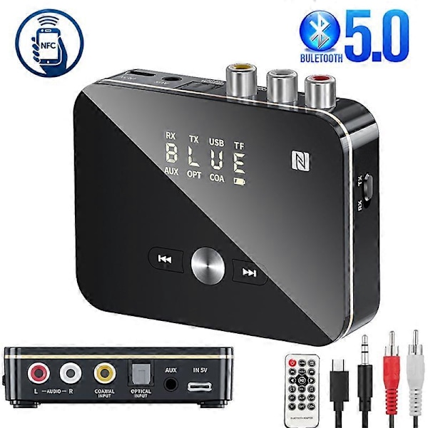 NFC Bluetooth-mottaker/sender 5.0 Stereo 3,5 mm AUX-kontakt RCA Optisk Trådløs Lydadapter Mikrofon Fjernkontroll For TV