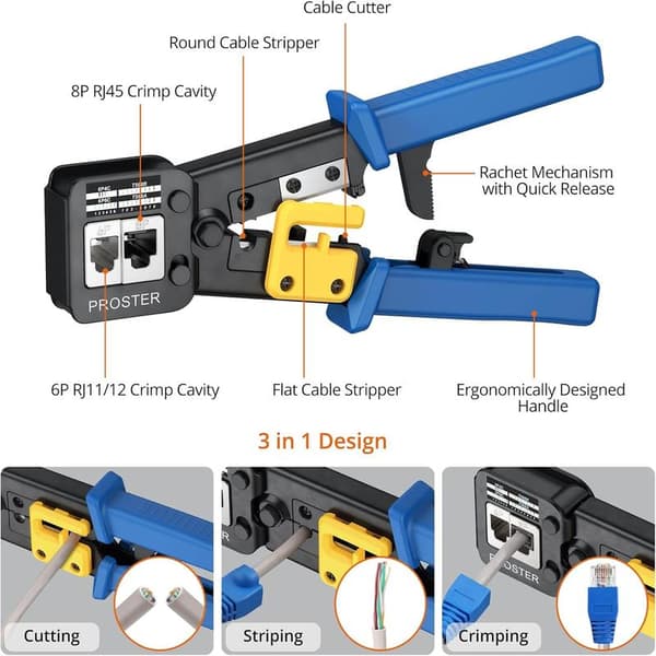 Proster RJ45 Crimp Tool Kit - RJ45 Pass Through Crimper for CAT5, CAT5e, and CAT6 Network Cables with Network Cable Tester