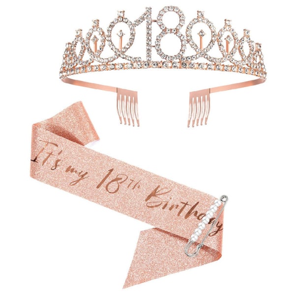 18-årsbursdagsbelte og tiara for kvinner, bursdagsbelte i rosegull, krone, belte og tiara for damer