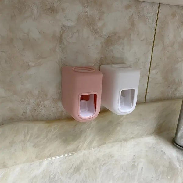 1:a väggmonterad automatisk tandkrämspress, enkel tandkrämshållare, tandkrämsdispenser, rosa