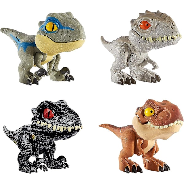 4 st World Dinosaur Snap Squad samlarobjekt för visning, lek och knäppfunktion för att fästa på ryggsäckar, lunchpaket
