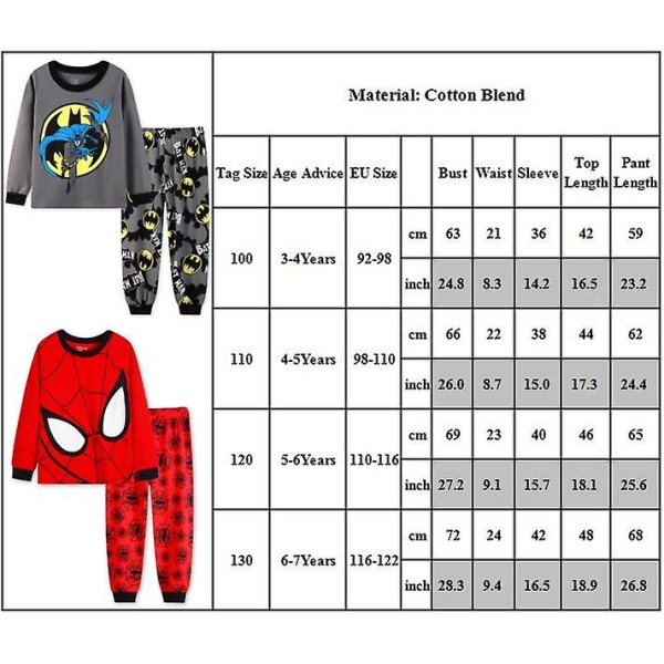 Kids Superhelte Spiderman Batman Pyjamas Langærmede T-shirt Bukser Nattøj Pjs Set 3-7 år Red 3-4Years