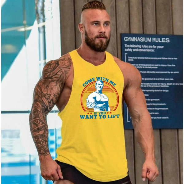 Men's Fitness Vest Yellow--XL Size Sports Workout Bodybuilding Sleeveless T-Shirt Suspenders