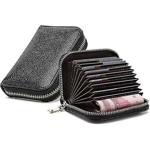 Första lager kohud dragspel korthållare stöldskydds korthållare för kvinnor multifunktionell liten plånbok med dragkedja black