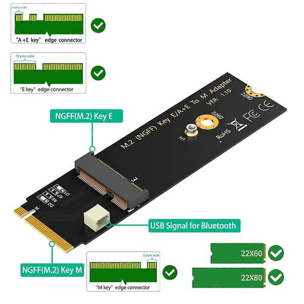 M.2 NGFF A+E Key WiFi/Bluetooth-kort til M.2 Key M Adapterkort for Intel AX200/AX201/AX210
