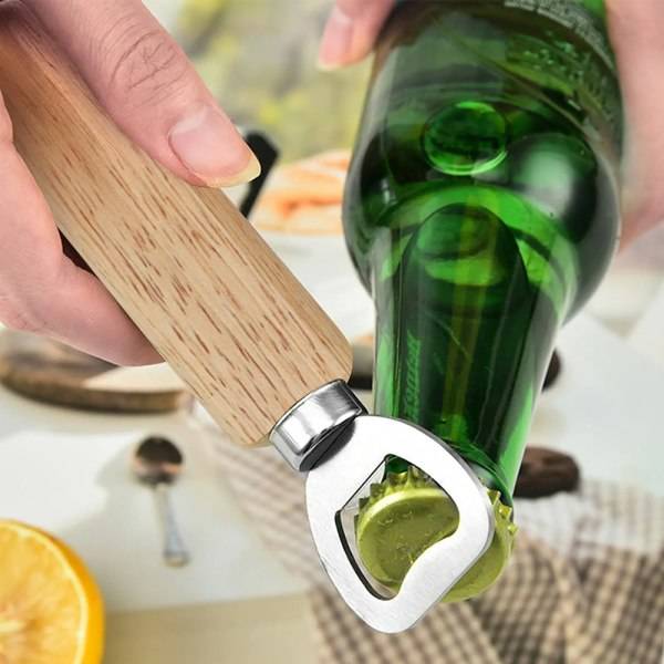 10 st trä handhållen flasköppnare i rostfritt stål, flaska straight handle