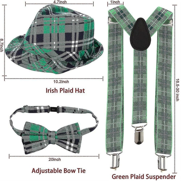 3 stk St Patrick's Day Hat Grønt rutete stoff Fedora Hat Sløyfe og seler St Patrick S" Day Kostymer Tilbehør