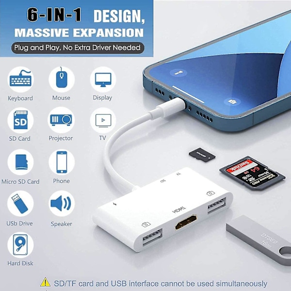 Lightning Hub Ipad-adapter, 6-i-1 Lightning till HDMI Digital AV-omvandlare, TF & SD-kortläsare, USB-kameraadapter, Power Delivery