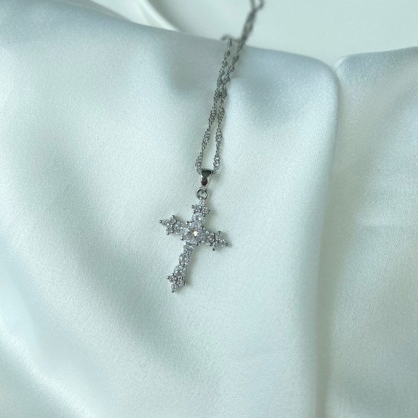 S925 sterling silver kors religiöst europeiskt och amerikanskt enkelt klassiskt herr- och damhalsband med 5A zirkon