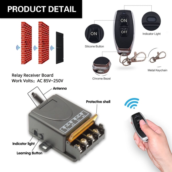 Tehokas 433Mhz langaton kaukosäädin, AC85~250V RF kaukosäädin, valaistukseen, vesipumppuun, kodinkoneisiin, maatalouden kasteluun jne.
