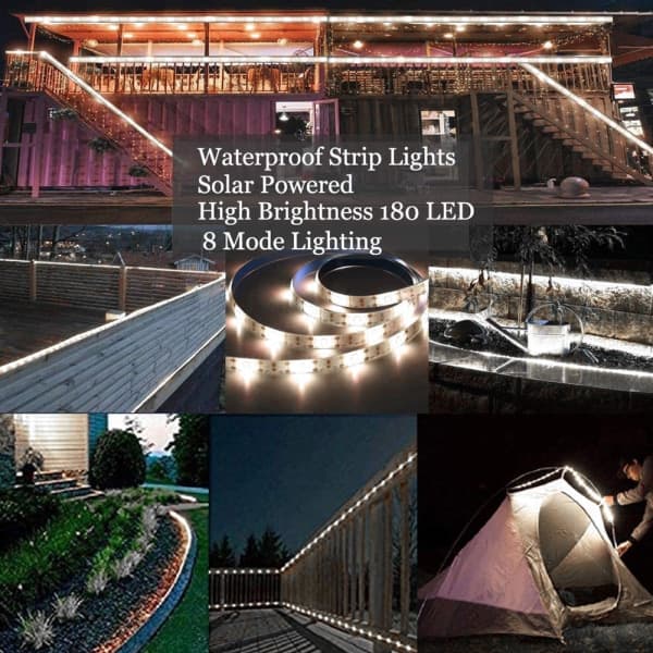 Utomhus solcelle LED-lyslist, 8 moduser, solfleksibel vanntett hvit 5M