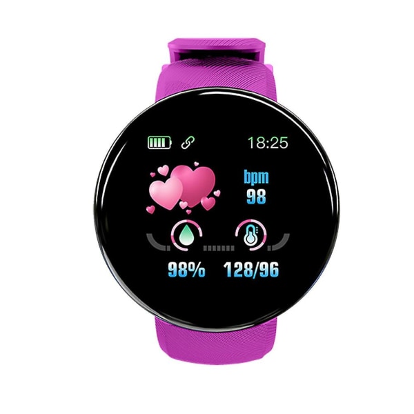1,3 tommers fargeskjerm Touch Smart Watch Ip65 skritteller Mote Fitness Hjertefrekvens Søvnmåler Menn Dame Smart Armbånd D18 (lilla)