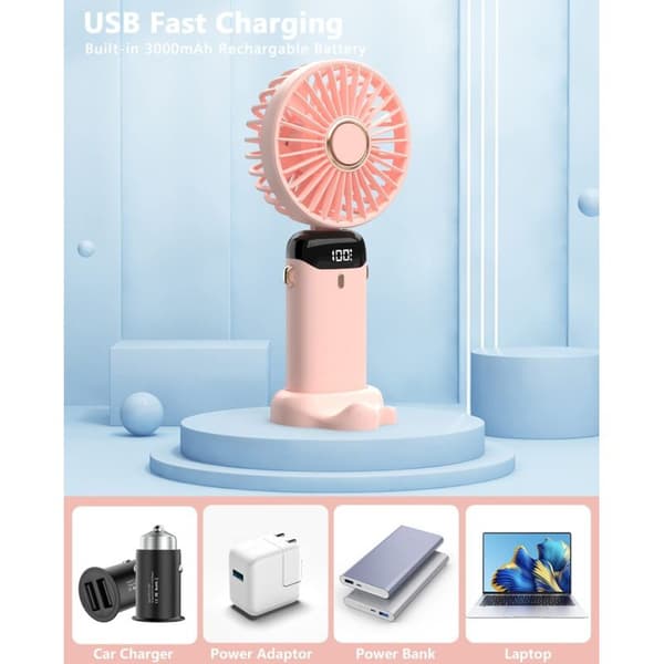 Mini bærbar USB-bordventilator, 5 ventilatorhastigheder, indbygget USB-batteri. Sammenklappelig ventilator (pink).