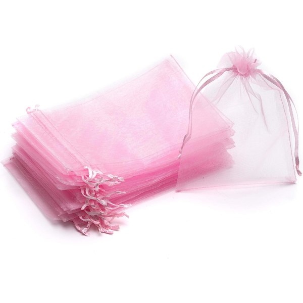 100 STK gennemsigtige organza-tasker med snøre til sliksmykker til bryllupsgave (pink)