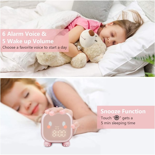 Lasten herätyskello, digitaalinen herätyskello lasten makuuhuoneeseen, herätysvalo USB herätyskellolla (vaaleanpunainen)