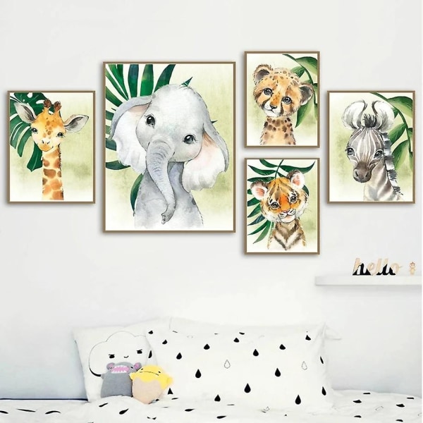 6 plakater Skogsdyr Baby Barn A4 plakat Elefant Løve Giraffe Sebra Tiger Bilder Soveromsdekorasjon Uinnrammet
