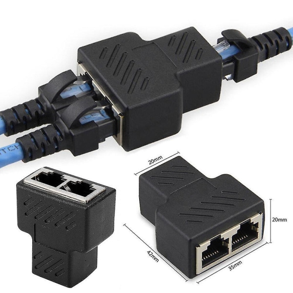 2 stk 1 til 2 måder Lan Ethernet netværkskabel Rj45 hun splitter Rj45 stik Rj45 adapter Lan sort (h-3)