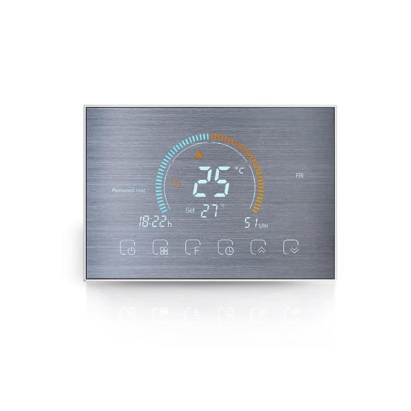 Programmerbar termostat, bakgrunnsbelyst LCD-berøringsskjerm, med låsefunksjon-sølv