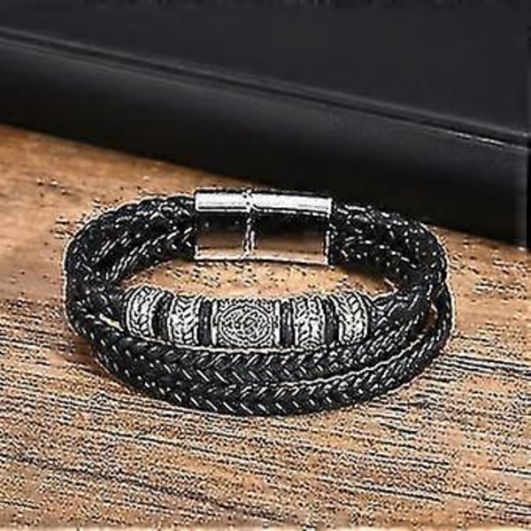 Herre Keltisk Knude Charm Armbånd 3 Lag Sort Flettet Læder Reb Kæde Armbånd Etniske Gaver til Ham Smykker