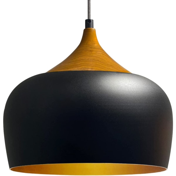 Hänglampa i svart metall i träfärg E27 diameter: 30 cm