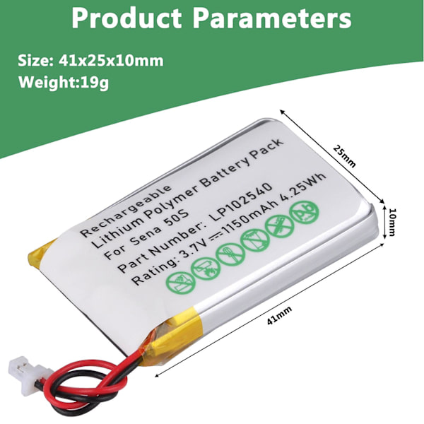 kompatibel med Sena 50S batteri, 3.7V 1150mAh erstatningsbatteri kompatibel med Sena 50S Bluetooth headset hjelm intercom