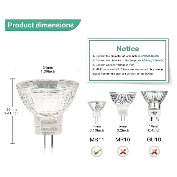 Mr11 Halogenpærer (pakke med 12), Gu4 Halogenlampe 12v 20w, Mr11 Gu4 Dimbar Pære Glassdeksel Kompatibel Med Taklampe, 2-polet Halogenpære 2700k