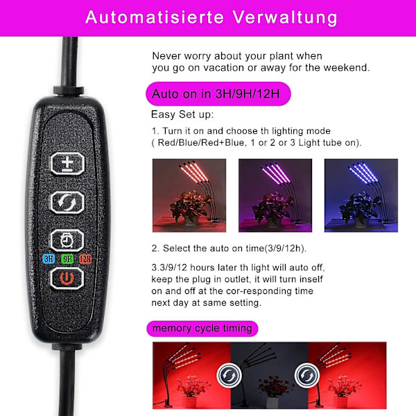 Växtvärmare Lampa Växt Fyll Ljus 4-Klipp Röd Blå Dimning Full Spectrum Väx Lampa med Fjärrkontroll Fyra-Rör USB Växtlampa (EU-förordning)